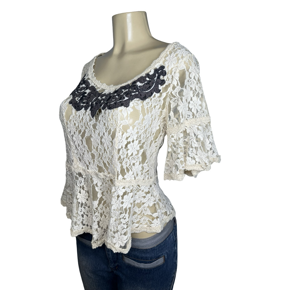 Free People Blouse Womens Small White Lace Floral Peplum Bell Sleeve Boho Sheer